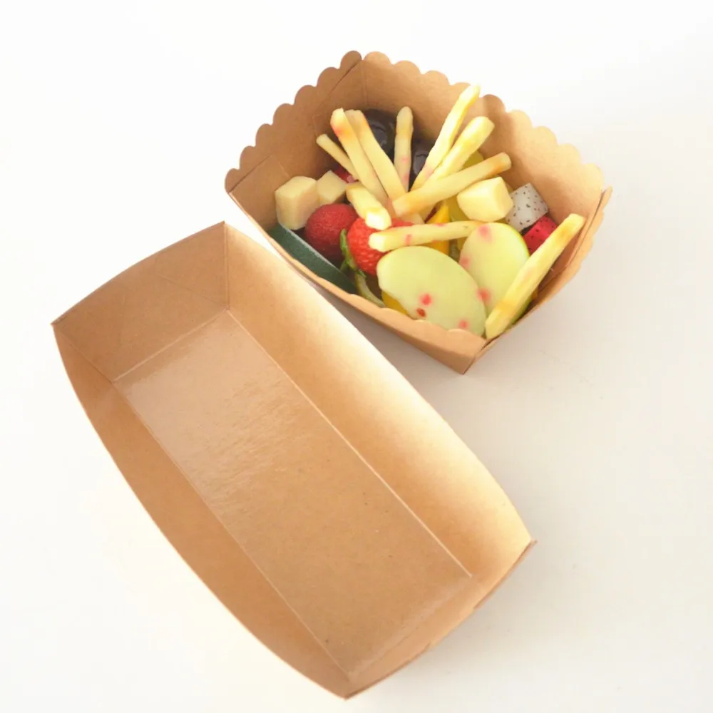 Custom Stackable Kraft Virgin Pulp Square Food Paper Tray Recycled Disposable Take Away Fast Food Snack Corn Dog Boat Tray