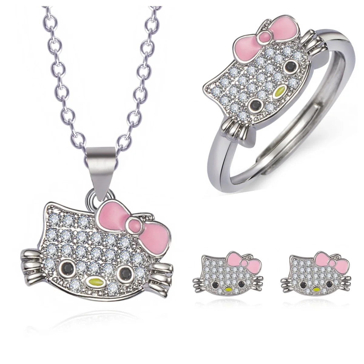 Hello Kitty Полный бриллиантовый бант милое ожерелье серьги и Открытое кольцо женский мультяшный милый котенок комплект ювелирных изделий для женщин