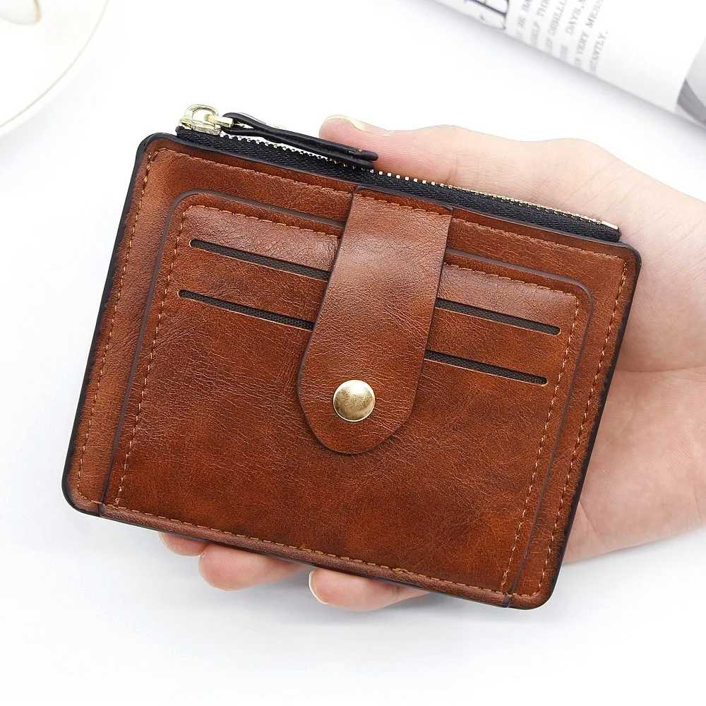 High Quality Pu Leather Bank Credit Card Holder Hasp Short Small Card Wallets With Zipper Coin Pocket