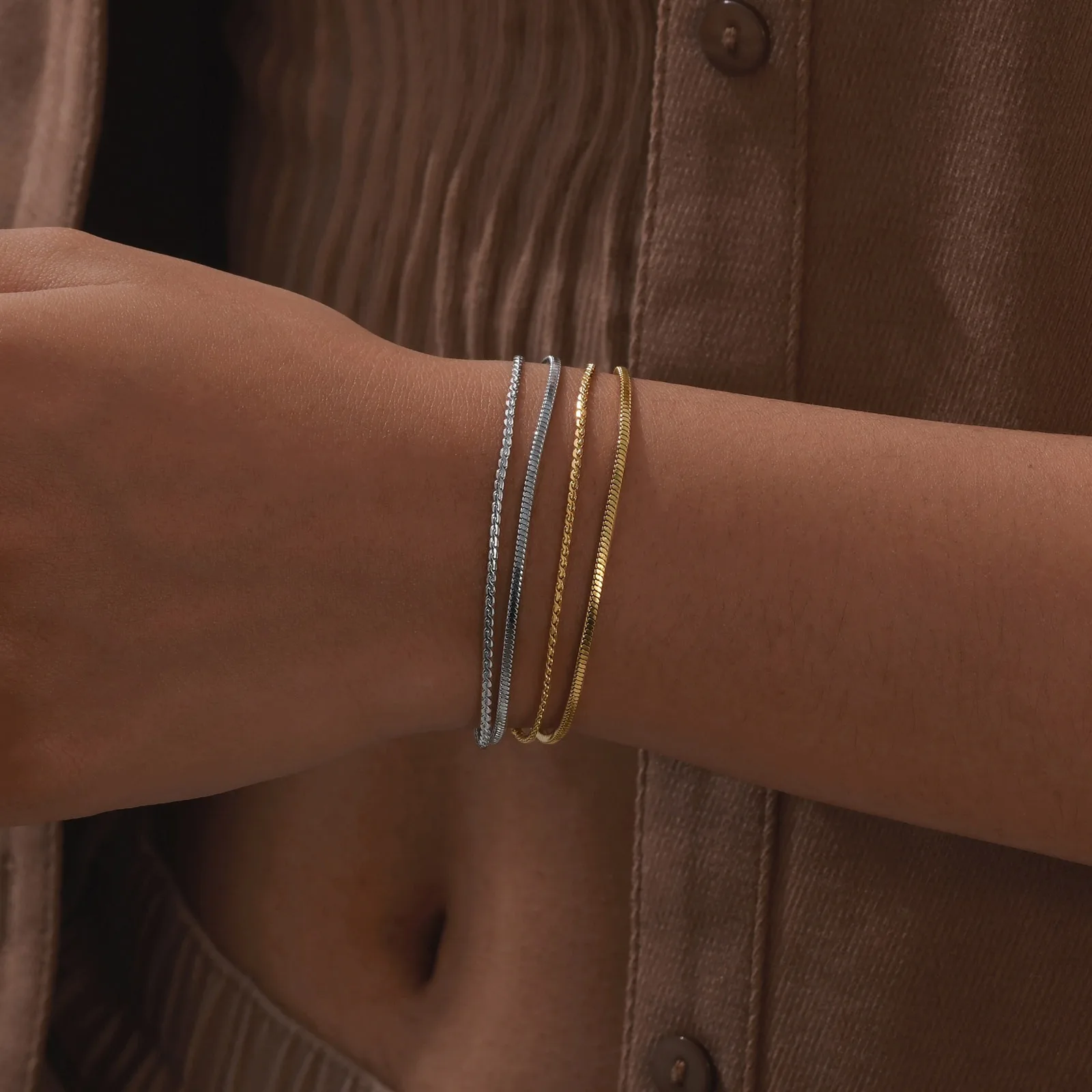 Wholesale European And American Gold Jewelry Stainless Steel S Chain Square Snake Chain Double Layer Bracelet