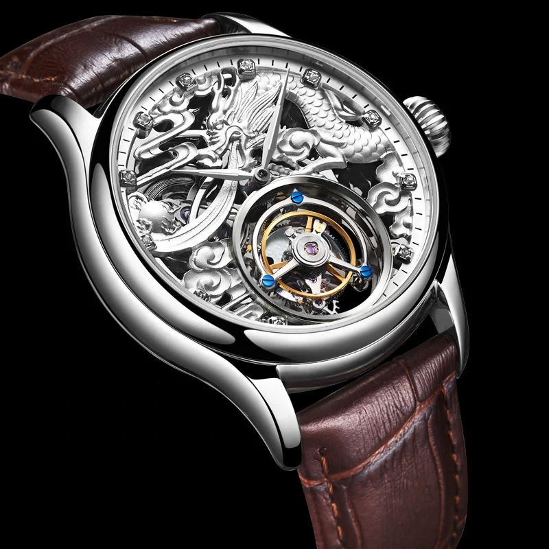 RTS Real Luxury Skeleton Flying Tourbillon Watches with Mechanical movement Wrist Watch Men 3D Dragon Gold Dial Watch