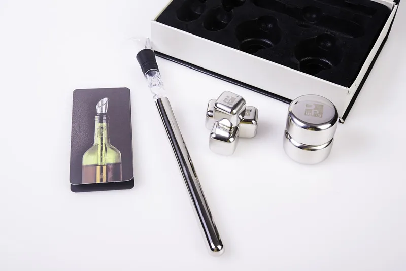 Customized logo metal reusable whiskey stone cooler wine chiller stick set ice cube gift set