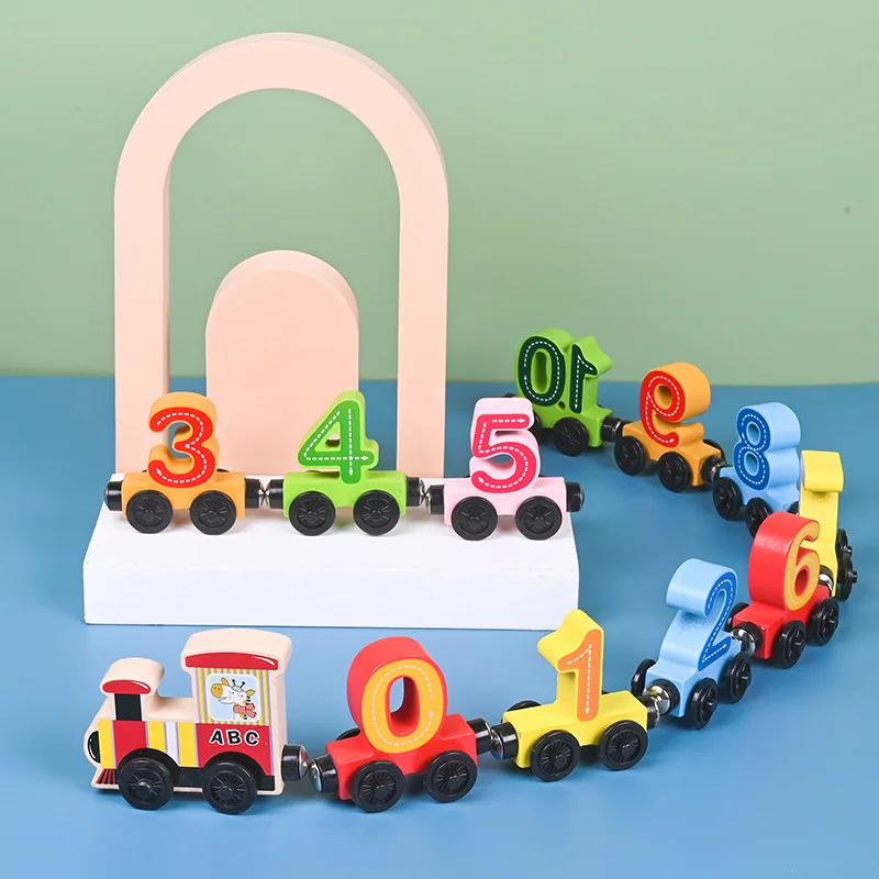 Tiktok Hot Building Blocks Kids Monchi Early Education Assembly Puzzle Small Train Wooden Magnetic Digital Small Train Toy