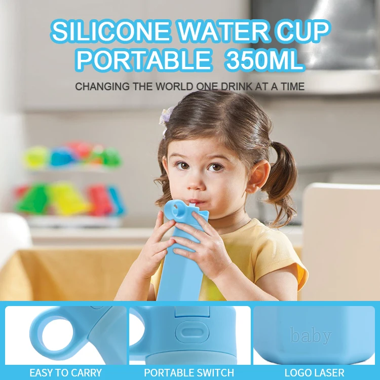 Custom Printed Outdoor Portable Kids Drinking Water Bottle Drink Cup Children Bpa Free Silicone Sports Water Bottle With Straw