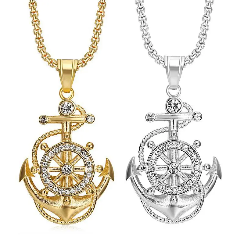 New hip Hop jewelry titanium steel 18k pvd gold plated punk necklace boat anchor zircon pendant necklace for 2024