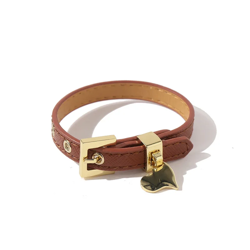 Cool High Quality Cowhide Leather Bracelets 18K Gold Plated Stainless Steel Square Buckle Bead Love Heart Pendant Bracelets
