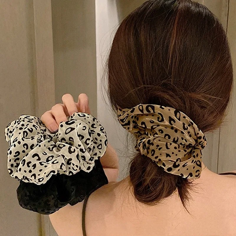 Women gauze flocking leopard print large Scrunchies leopard point ponytail hair tie Fashion Hair accessories Wholesale