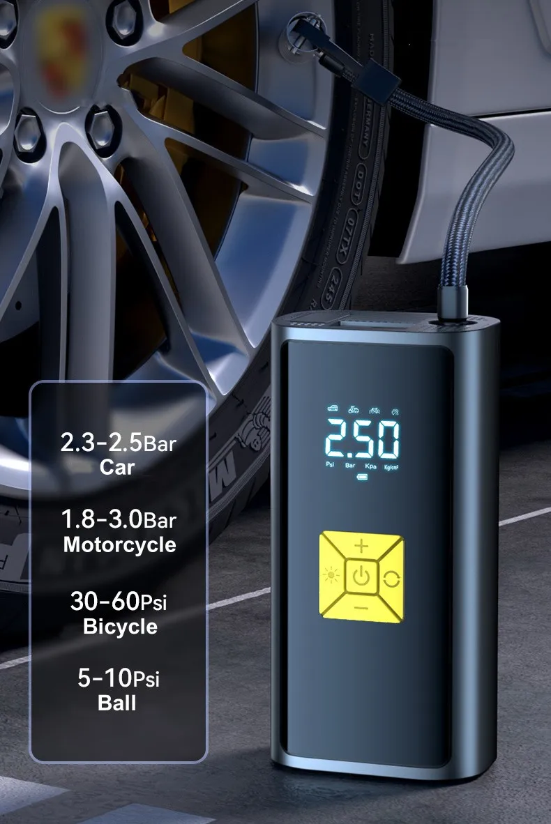 Portable Auto Tire Inflator Pump LED Light Fast Inflating Tire Pressure Detection Power Bank Function Wireless Inflation Pump