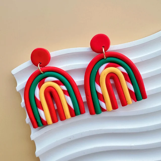 Popular Christmas handmade polymer clay soft ceramic earrings geometric rainbow earrings wholesale