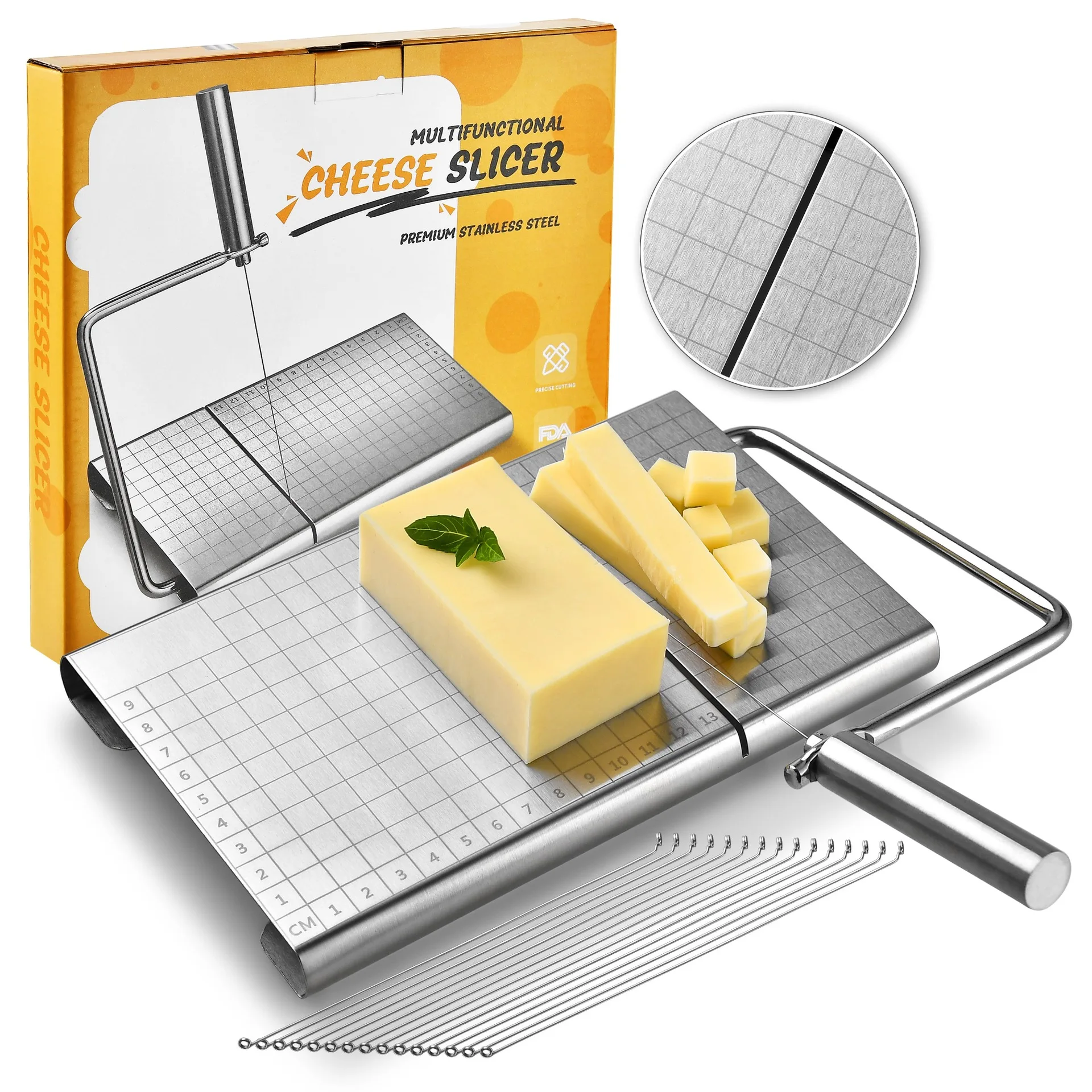 2024 kitchen manual rotary meat vegetable cheese food wire cutting plate stainless steel wire cheese slicer board with slicer