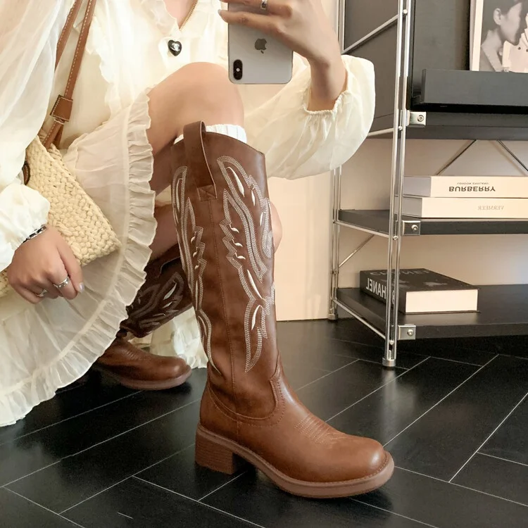 Western Cowgirl Fashion Genuine Leather Boots Brown Knee High Long Boots Chunky Heeled Boots For Women