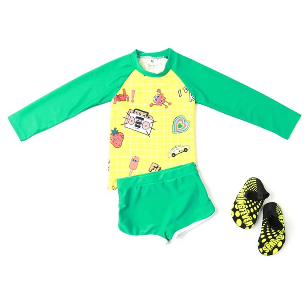 
2020 hot kids swimwear little boys cartoon print tankini set long sleeve swimsuit with shorts boy beach bathing suit bikini 