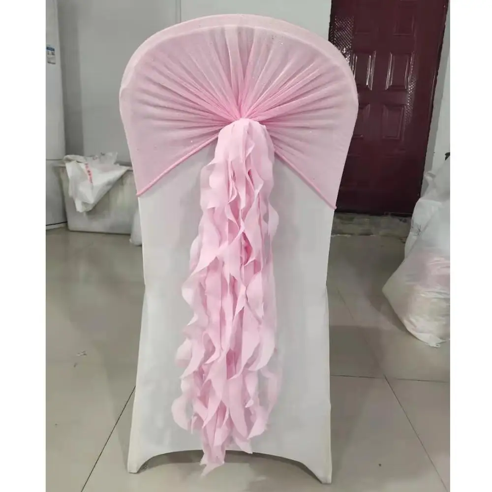 Romantic ruffle blush pink chivari chair cover curly willow chiffon chair sash for wedding