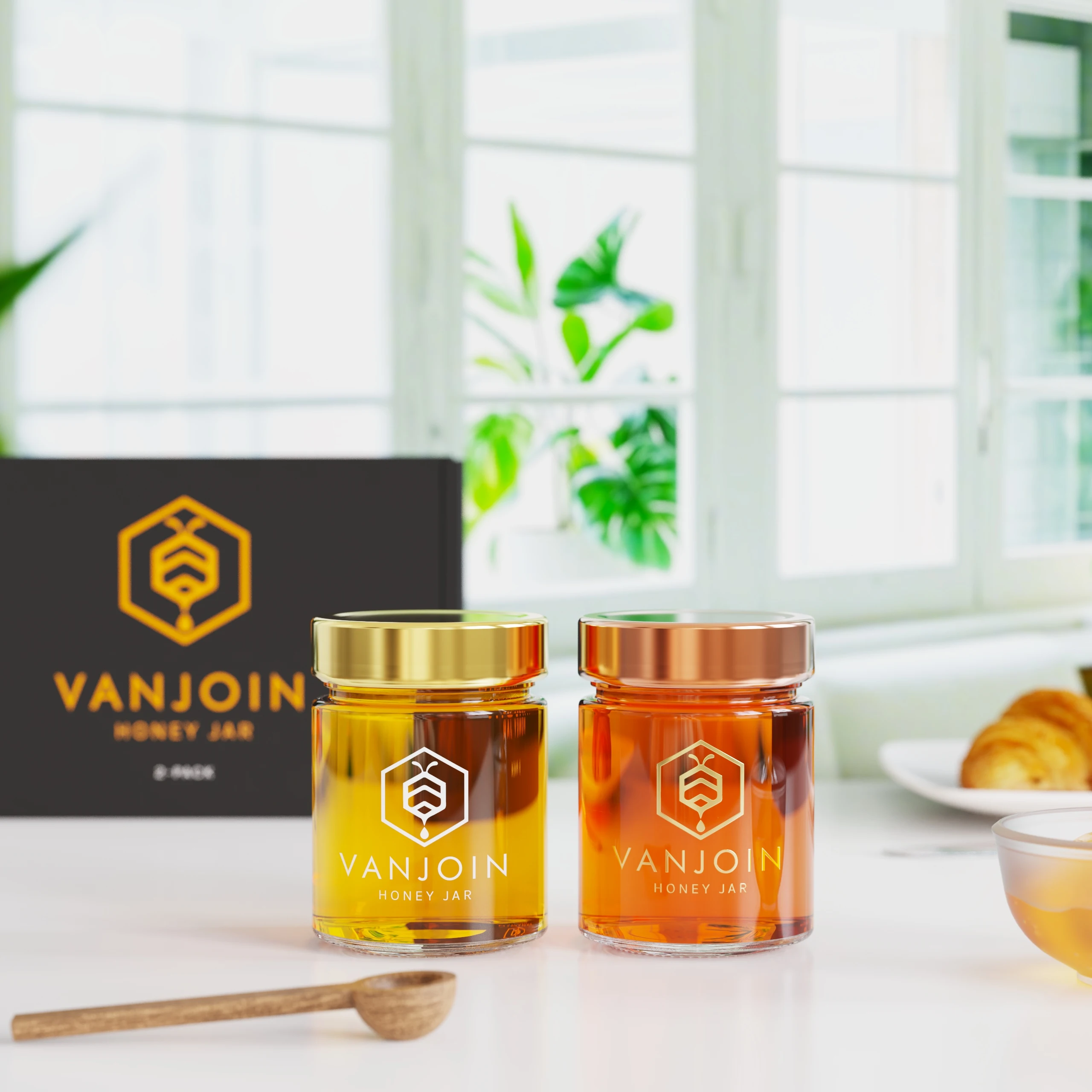 Unique Luxury 180ML Transparent Black Amber Glass Empty Round Honey Jars Bottles with Dipper and Packaging Box