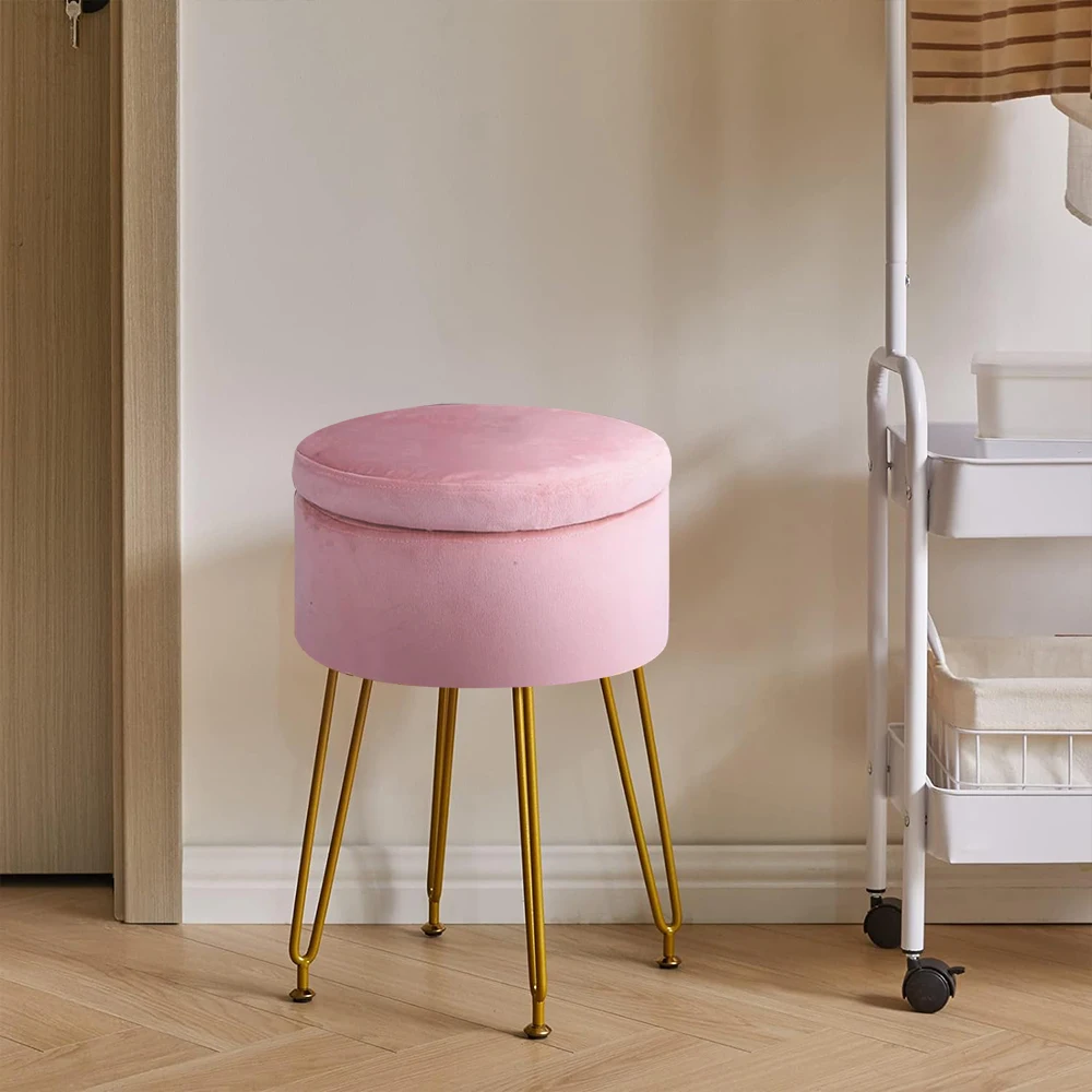 Vanity Seat Bedroom Makeup Pouffe Piano Chair Salmon Pink Velvet Furry Modern Accent Stools