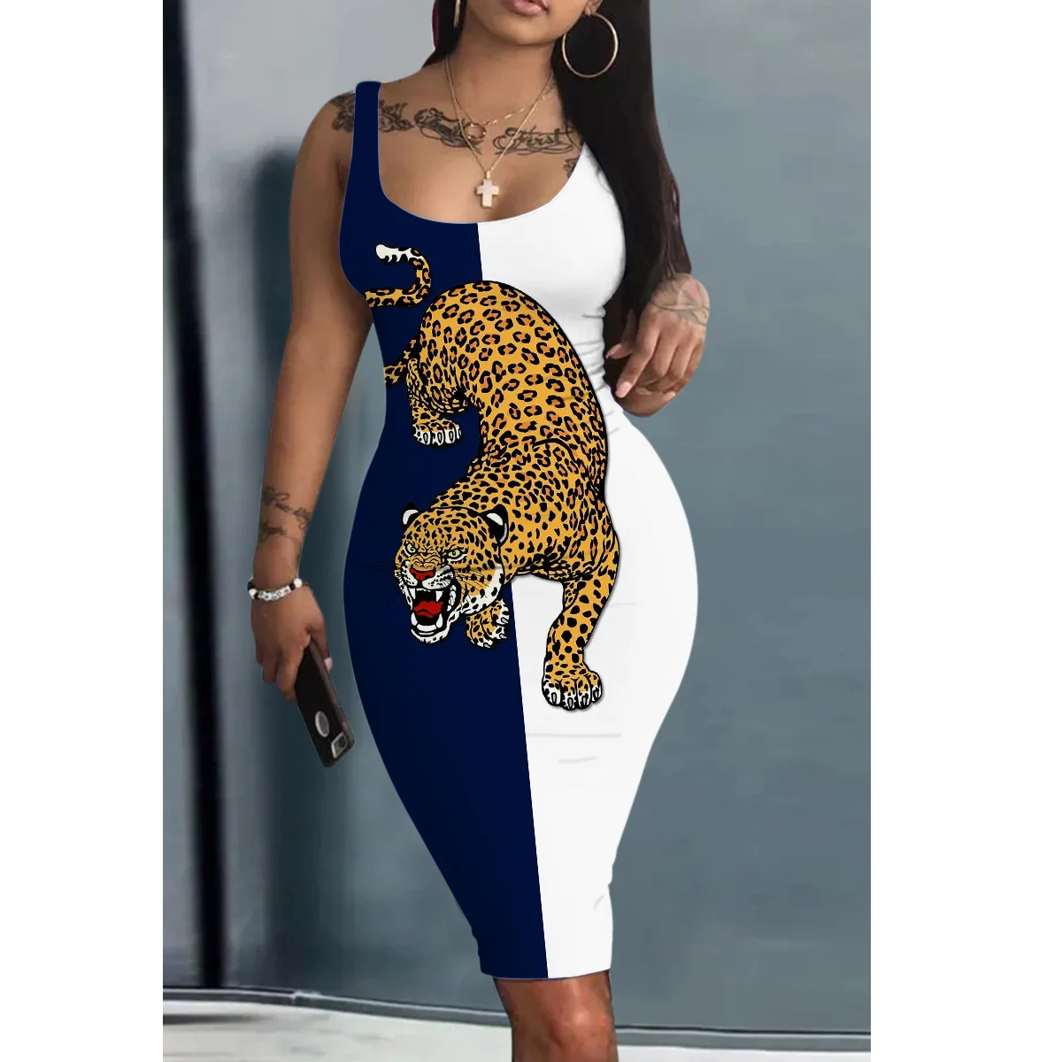 Z135842 2023 New Arrivals Patchwork Leopard Hollowed Out Slim Fit womens casual Turtleneck dresses