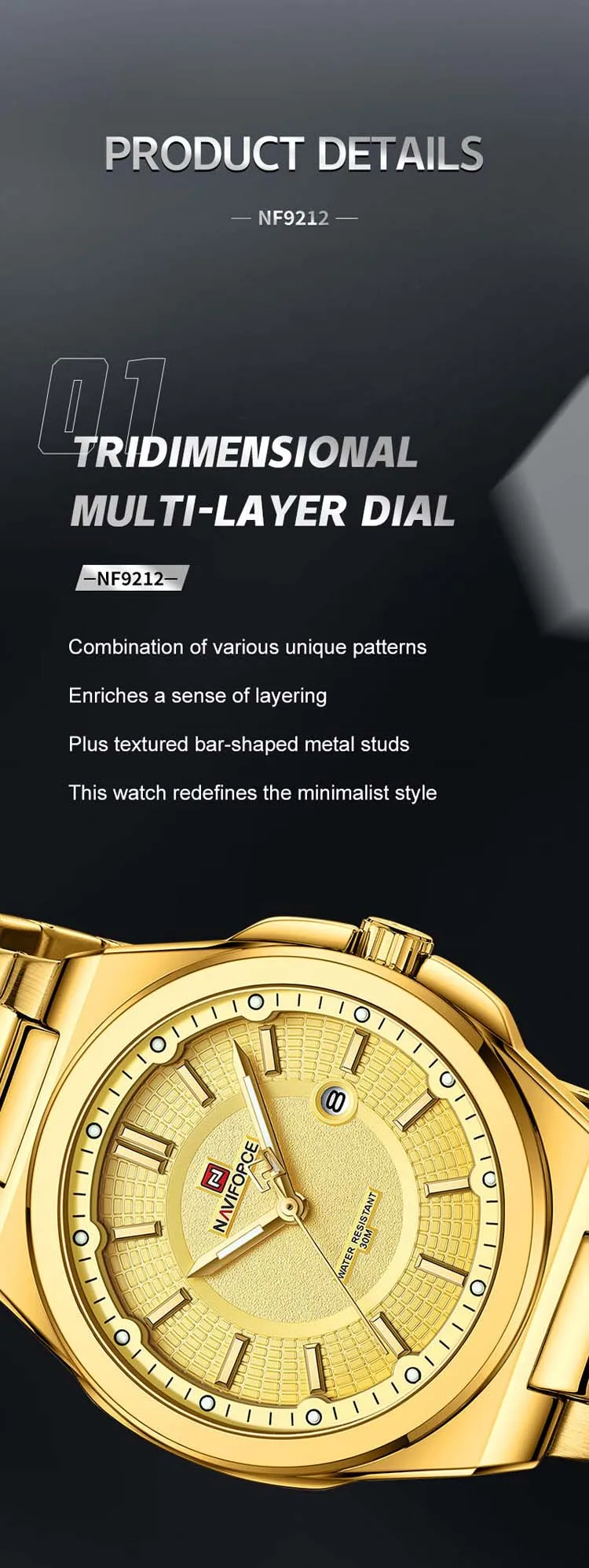 NAVIFORCE NF9212 luxury personalized man quartz watch nice Stainless steel band Luminous date display Minimalist business watch