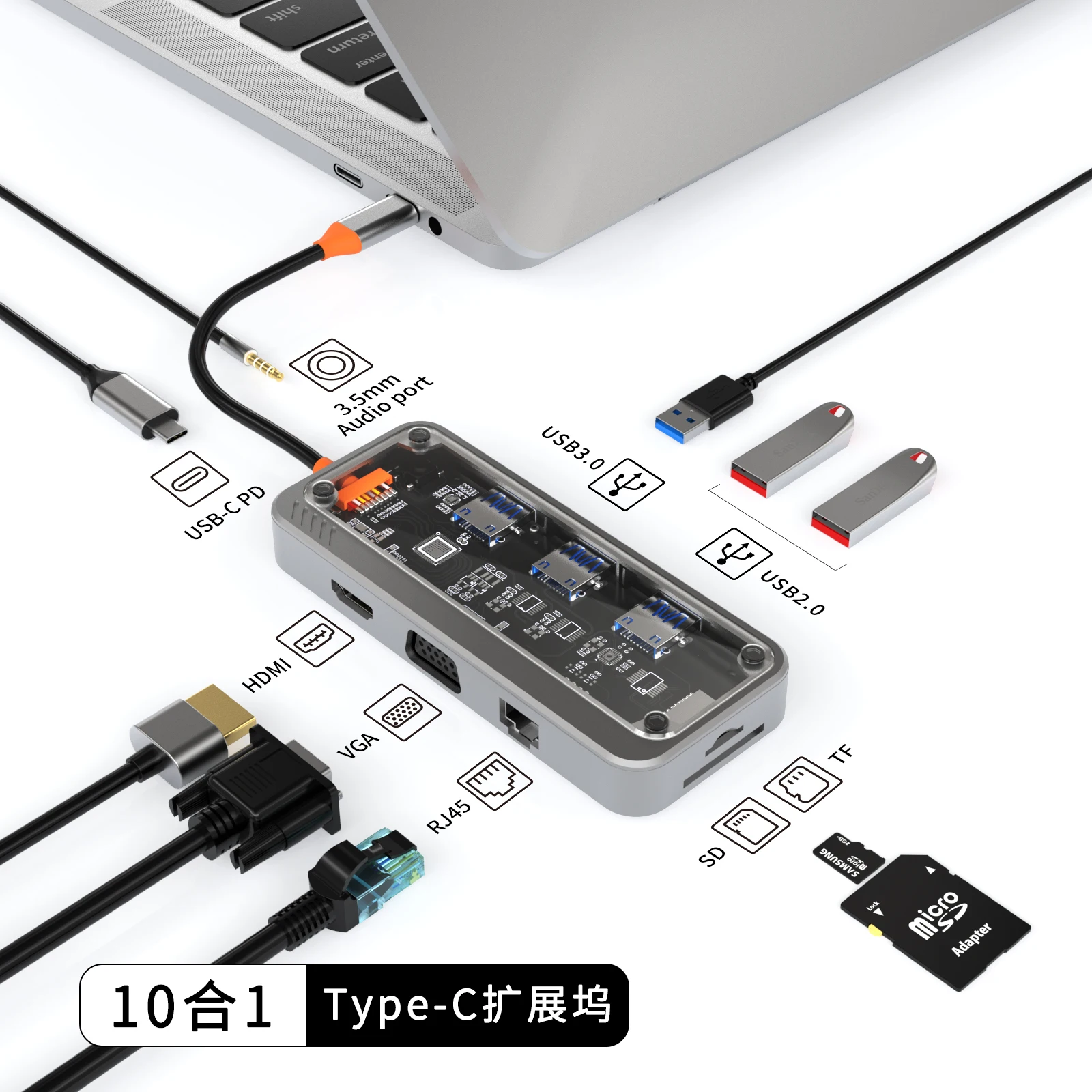 usb c hub 10 in 1 Type-C to PD HD-MI USB3.0 USB2.0*2 SD TF RJ45 VGA AUDIO3.5mm audio