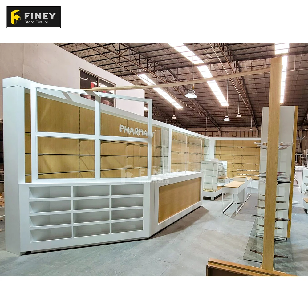 Pharmacy Interior Design Wooden Pharmacy Counter Display Gondola Pharmacy Display Rack