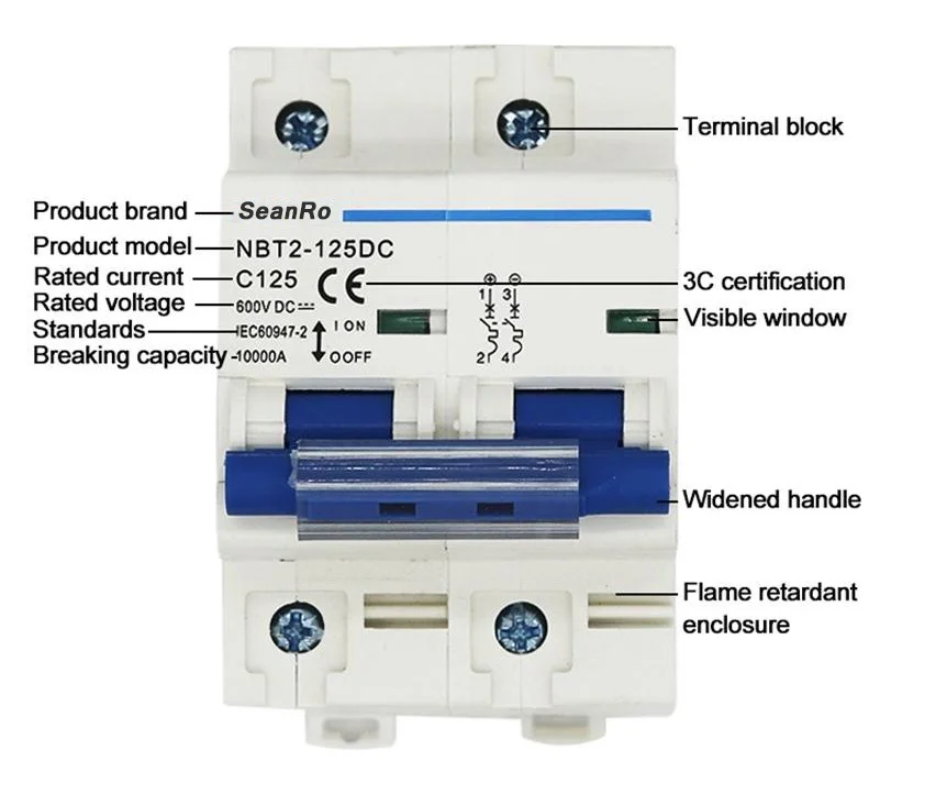 SeanRo 80 100 125 Amp 550VDC 1000V 125A 2 Poles Miniature Circuit Breaker Overload Protector DC MCB for solar system mini switch
