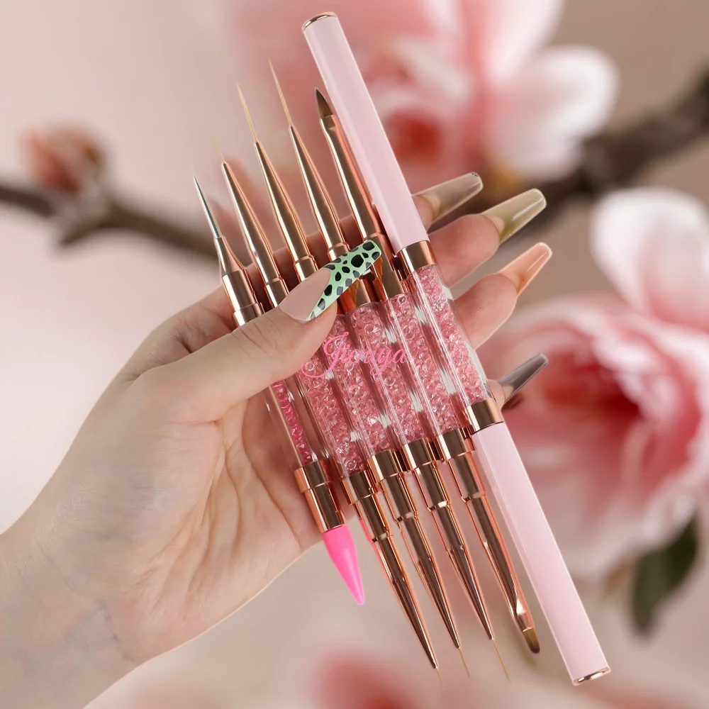 Jieniya Custom logo pink Rhinestones handle Kolinsky/nylon Hair 2 in 1 dual end Nails Tools Nail Art Brushes set