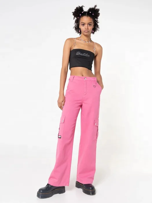 
Straight high waist trousers green plaid pink casual pocket loose trousers 