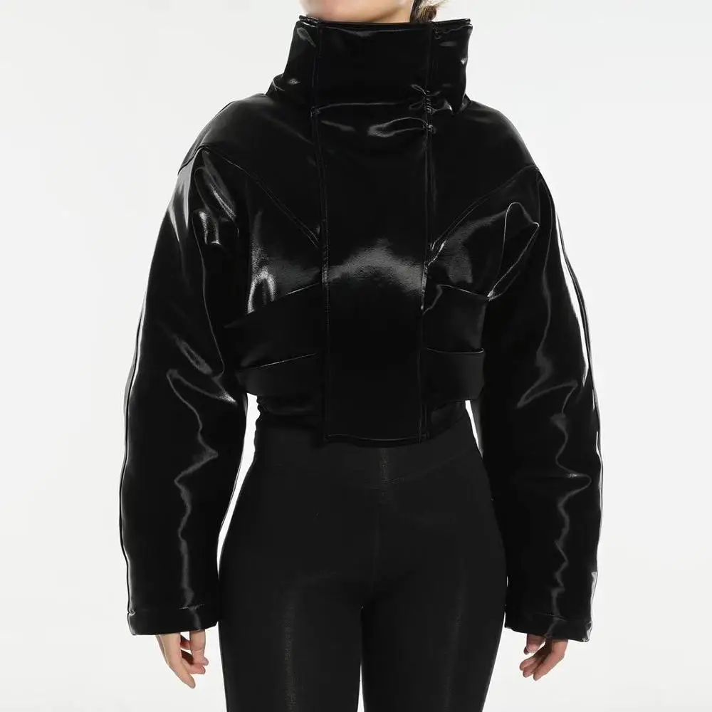 
Winter Zip Jacket Stand Collar Solid Korean Style Short Black Bomber Motorcycle Faux Leather Jacket Women 