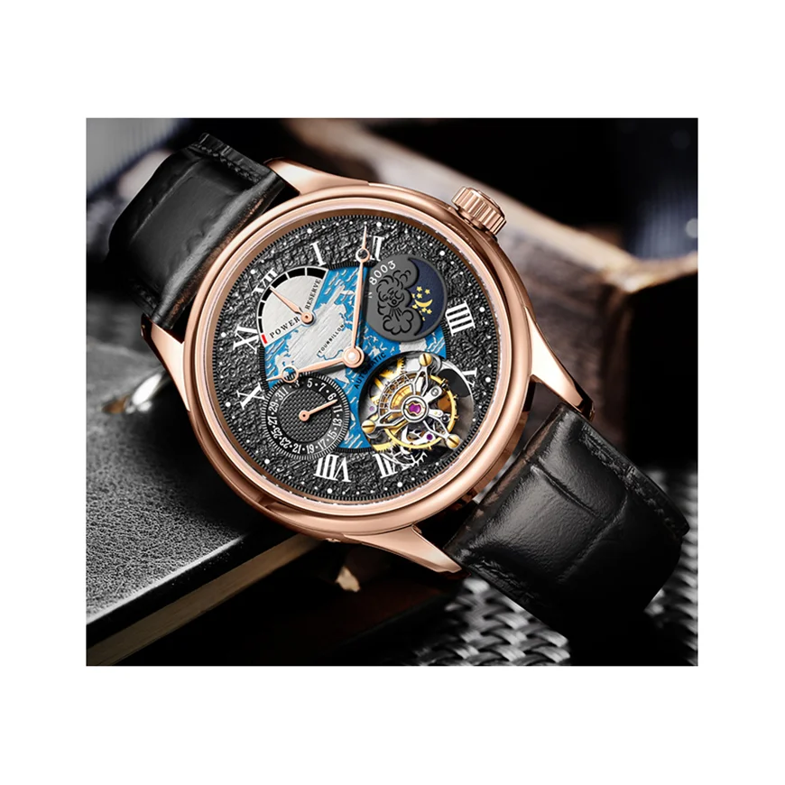 Top grade cow leather strap power show multi function tourbillon waterproof men mechanical watch