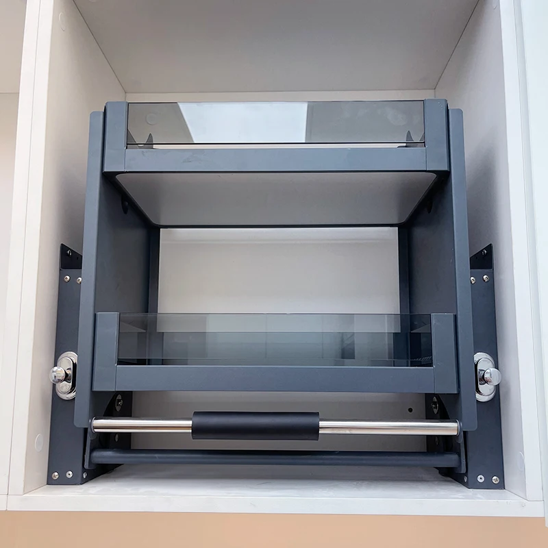 kitchen glass storage rack pull down cabinet lift system pantry organizer cabinet basket