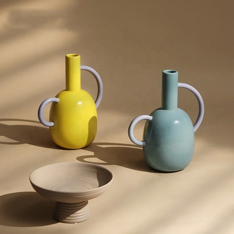 INS new product creative yellow binaural simple ceramic hydroponic dried flower home decoration