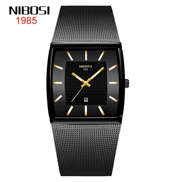 NIBOSI 2376 Square Luxury Mens Stainless Steel Date Clock Ultra Thin Quartz Watch