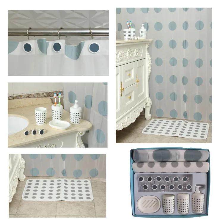 Plastic Printing Shower Curtain with Resin Hooks for Bathroom Accessory Set of 18 Plastic Shower Curtain Bath Accessories Sets