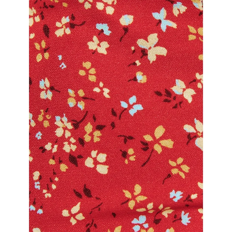 Women Red Floral Print Dress Sweetheart neckline High slit Puff sleeve Ruching on bodice Short sleeve  high side slit midi dress