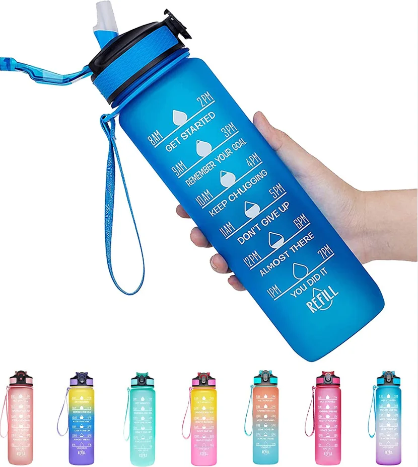 2022 Gym And Outdoor Camping Time Marker 1000ml Sports Motivational Water Bottle Frosted Plastic Water Bottle
