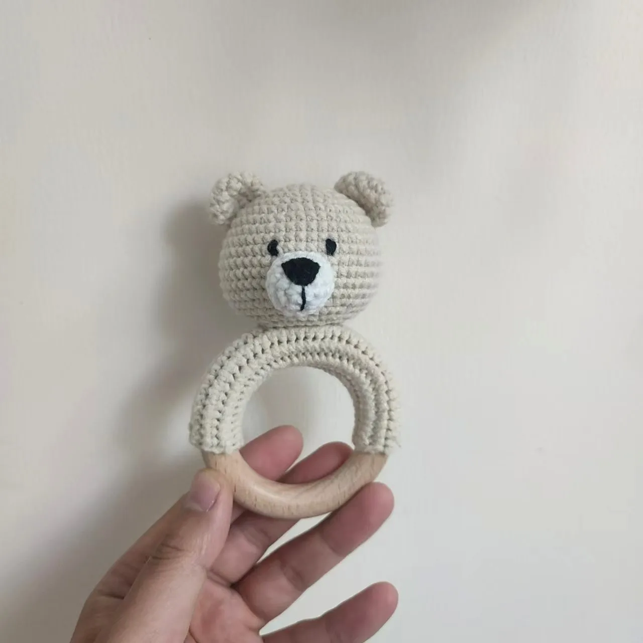 Wooden Animal Rabbit Baby Rattle Crochet Knit Bunny Teething Sensory Toys for Babies