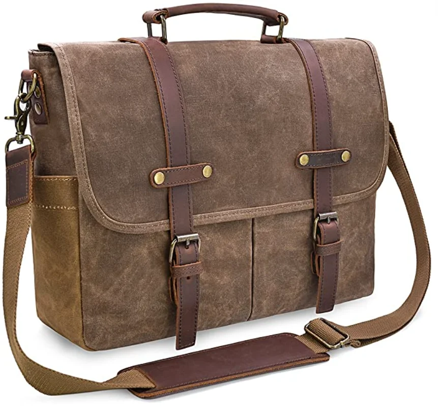 
Mens Messenger Bag 15.6 Inch Waterproof Vintage Genuine Leather Waxed Canvas Briefcase Large Satchel Shoulder Bag Rugged Leather 