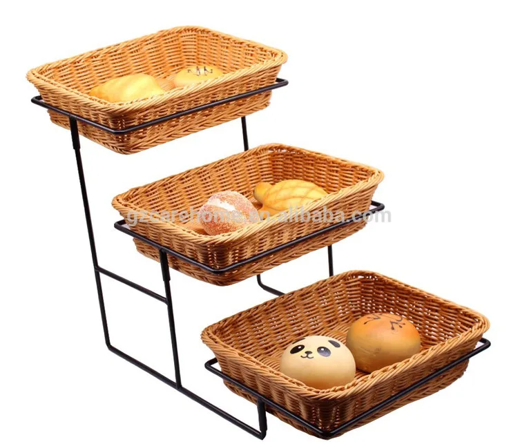 Hot sale  removable  round 3-tier  store meta wire  display rack  fruit display wire display rack bread with rattan baskets