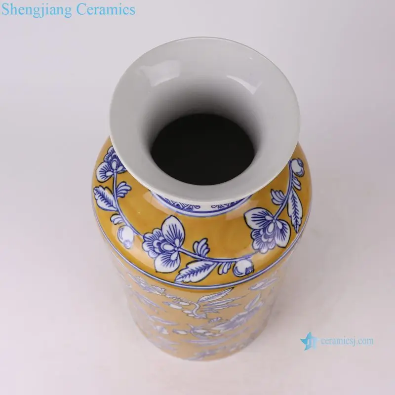 RXCZ-DG103-DG203-DG303 Dark Yellow Glazed blue and white leaf pattern Ceramic straight tube bottle flower vase decoration