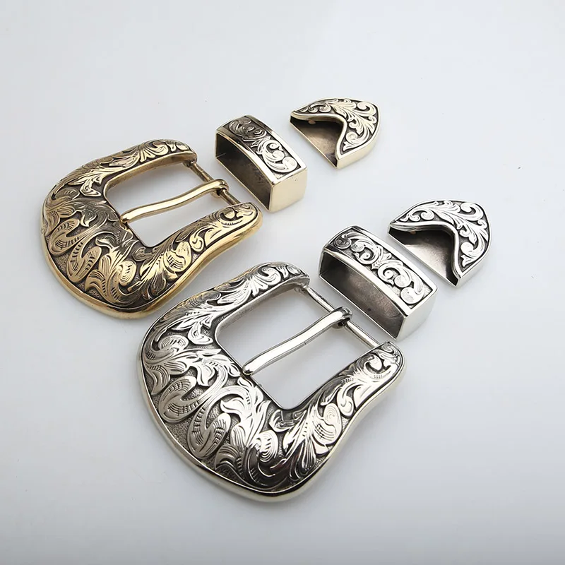 Solid copper three-piece belt buckle white copper brass tang grass pattern fashion personality retro