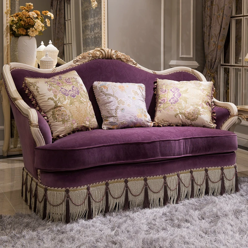 French Villa  Apartment  Factory Price Sale Fabric Sofa Couch 123 seater Sofa  classical carved living room purple  sofa