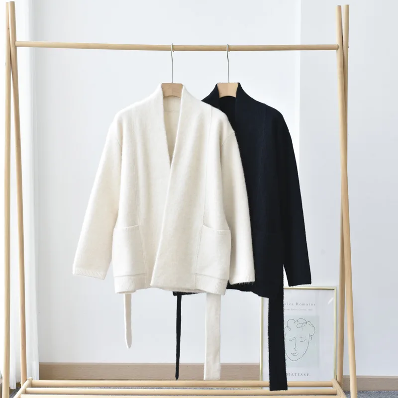 Factory wholesale wool alpaca Cardigan with belt women long sleeve soft hand Knitted Jacket Fall Winter Warm Coat for Ladies