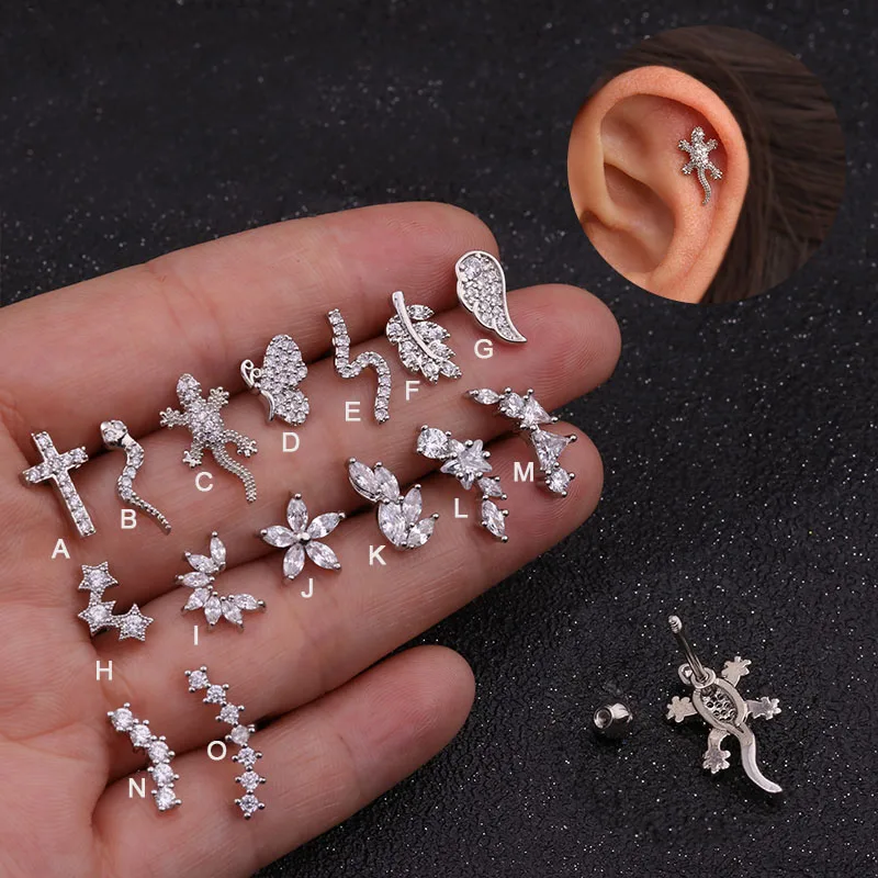 20g (0.8mm) Stainless Steel Bar With Cz Snake Gecko Cartilage Helix Piercing Jewelry Rook Conch Tragus Screw Back Earring Stud