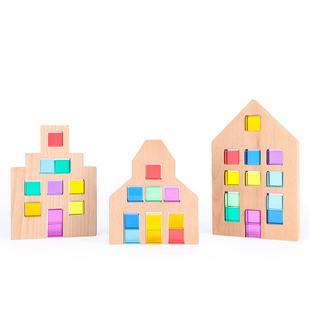 Large Beech Wood Dutch House Rectangle Stacking Blocks for Kids Montessori Decorations Wooden Toys (without acrylic cube blocks)