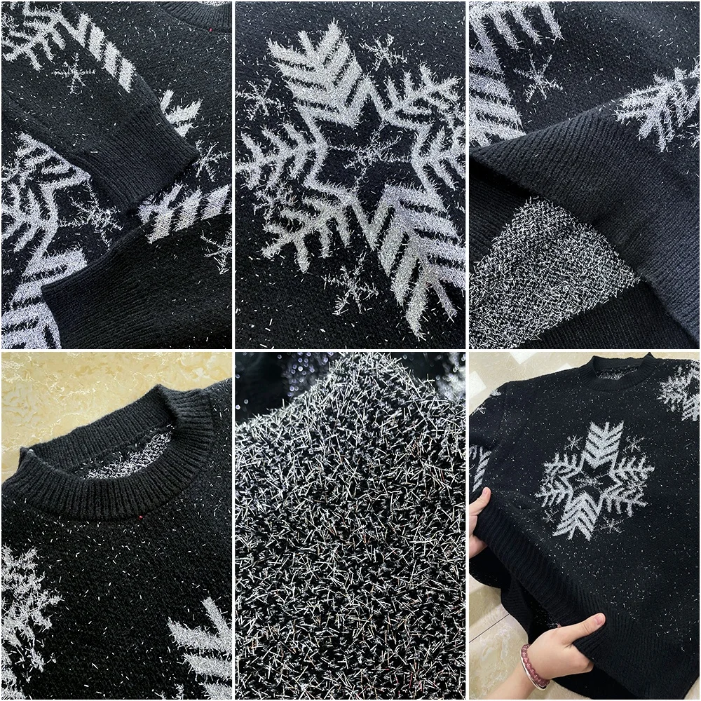 Brand custom logo Christmas sweaters snowflakes pattern jacquard design shiny pullover round neck family Christmas sweater