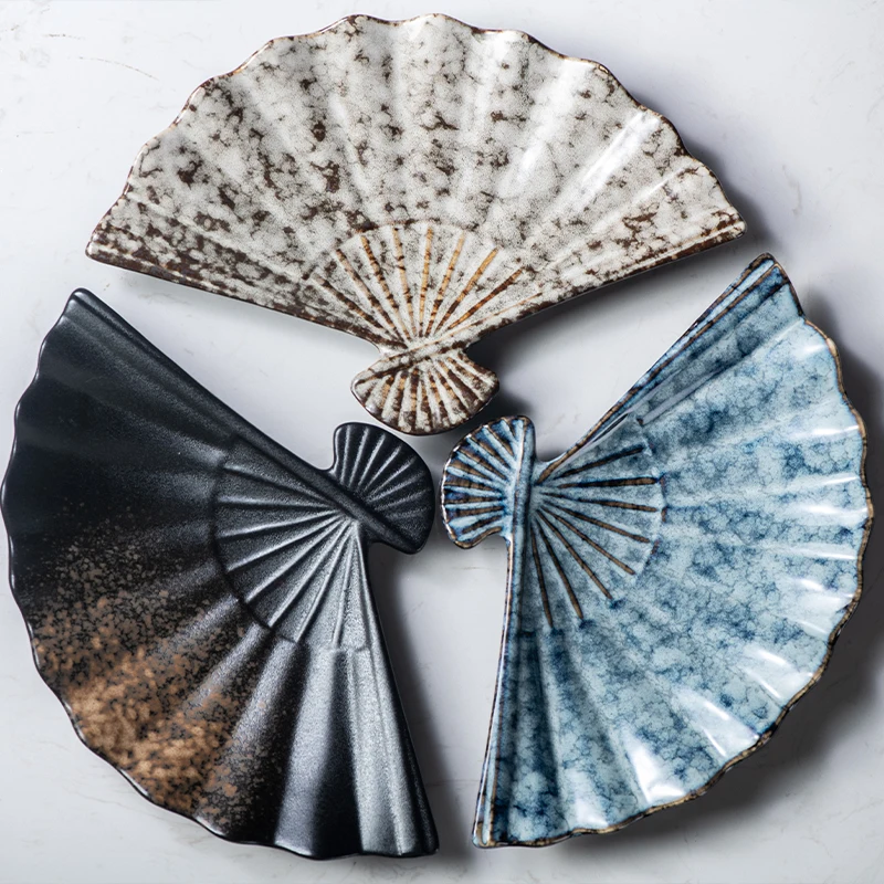 New Design Japanese-Style Asian Themed Artistic Appetizer Sushi Dessert Colorful Glaze Folding Fan Shaped Dinner Plate Set
