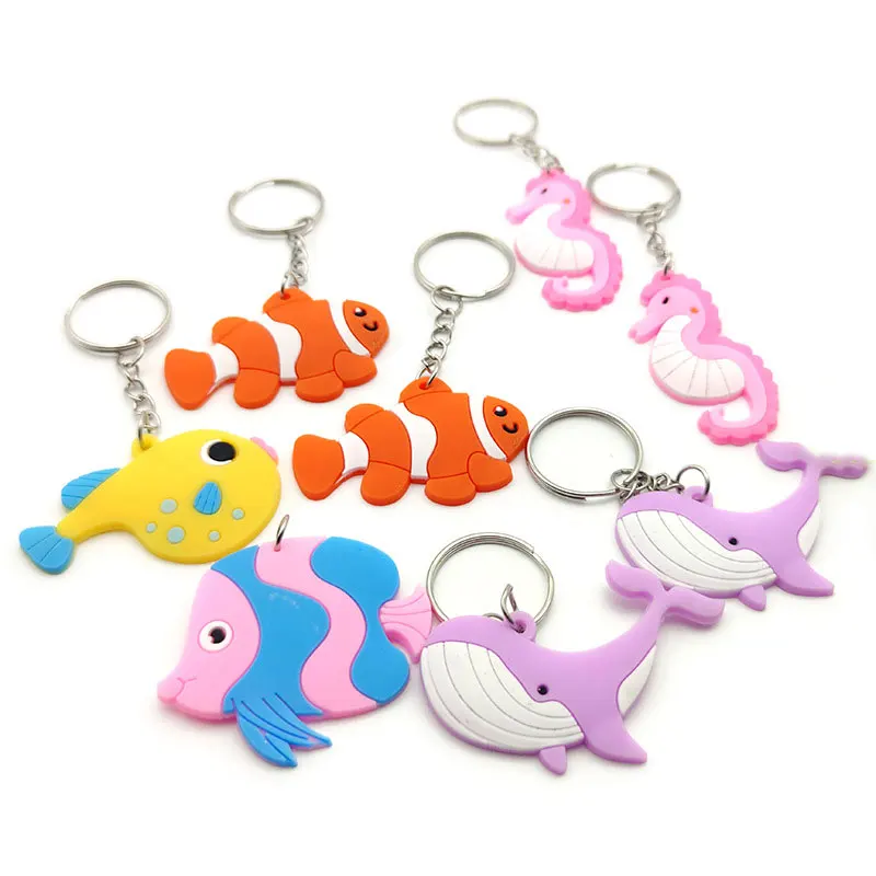 Custom shaped 2d silicone pvc cartoon key chain keyring cute ocean animal soft rubber fish keychain