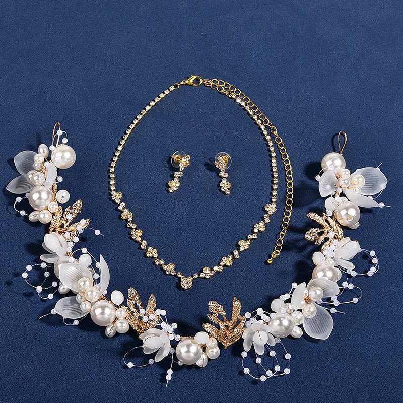 Pearly Flower Alloy Hair Band Necklace Jewelry Set Circle Beaded Jewelry Set With Earing Pearls Bride Hair Accessories Wedding
