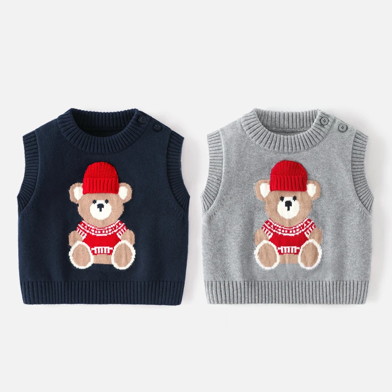 British style Classic school kids clothing sweater designs for children baby knitted vest bear Embroidery Knit Tops
