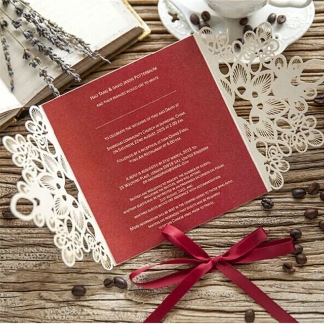 Customized wine red theme hollow paper cutting paper crafts with custom colors ribbon wedding invitations  cards