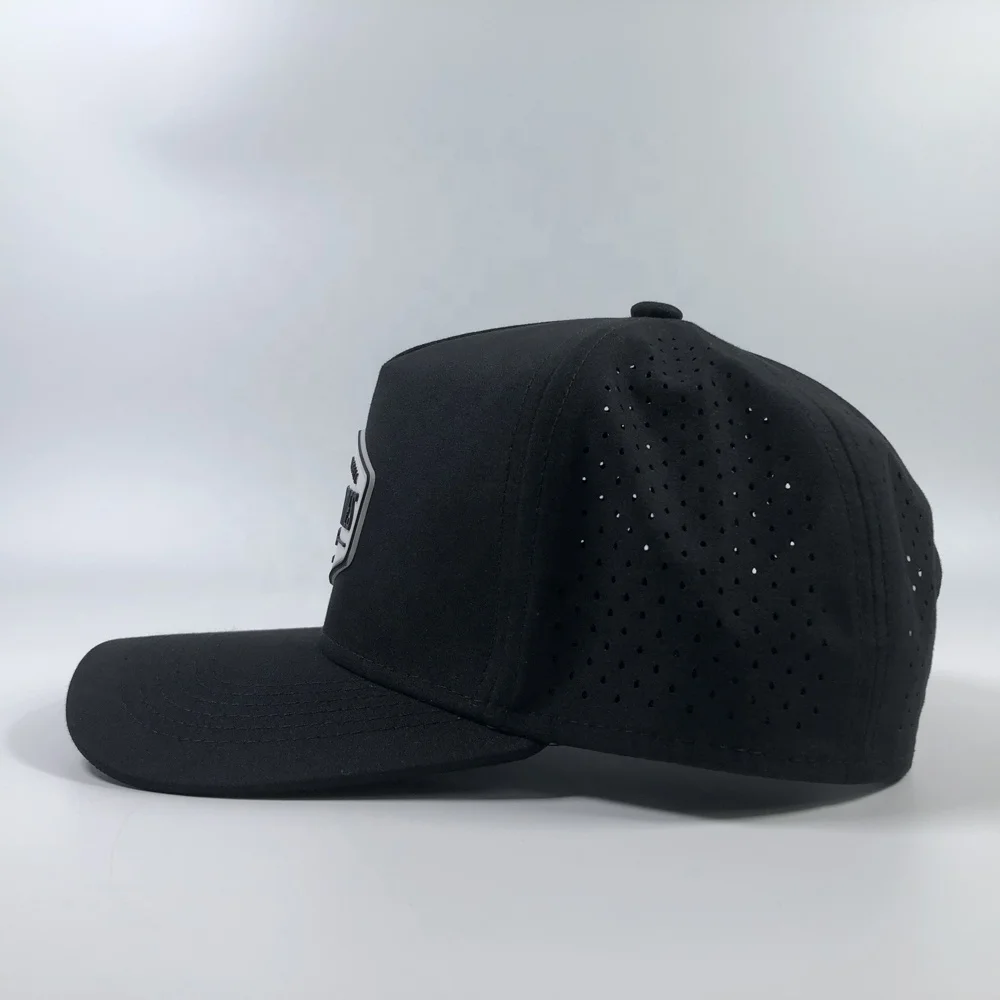 OEM popular polyester A frame laser cutting breathable golf snapback hat with rope custom 5 panel rubber pvc logo baseball cap